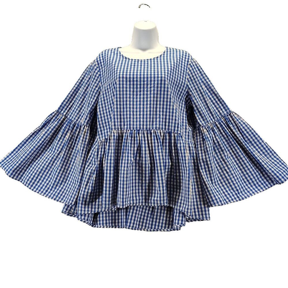 Who What Wear Women’s XL Blue/White Check Gingham Peplum Ruffle Blouse Top